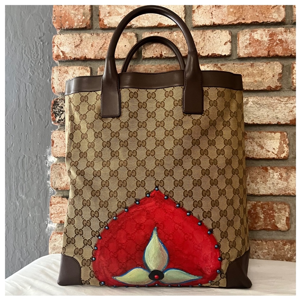 Authentic Vintage Gucci Monogram Canvas & Leather Women Tote Bag